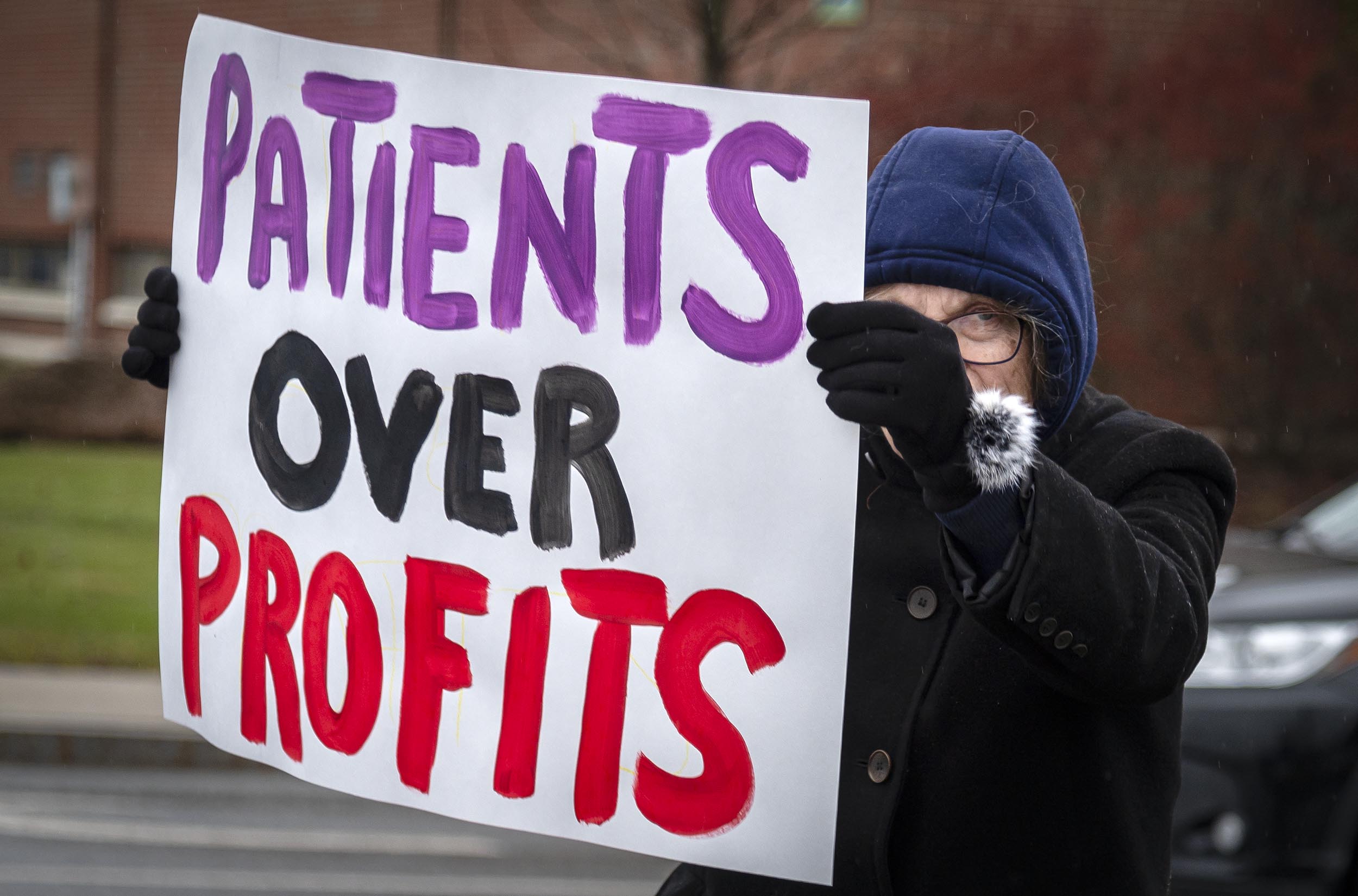 A person holding a sign that reads, "Patients who exceed profit," during the protest.